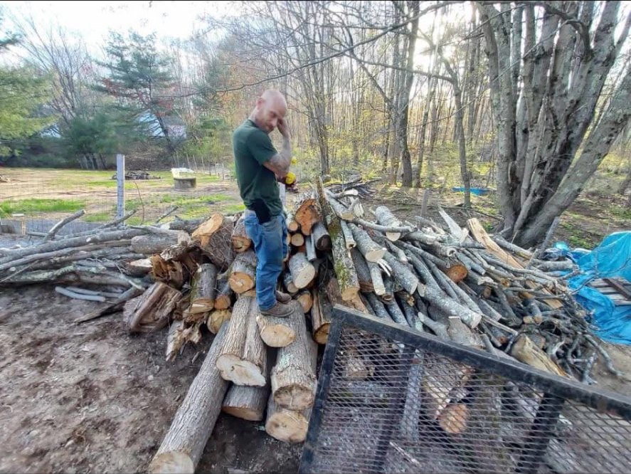 Tree service crew bucking and stacking cut logs on a Maine property